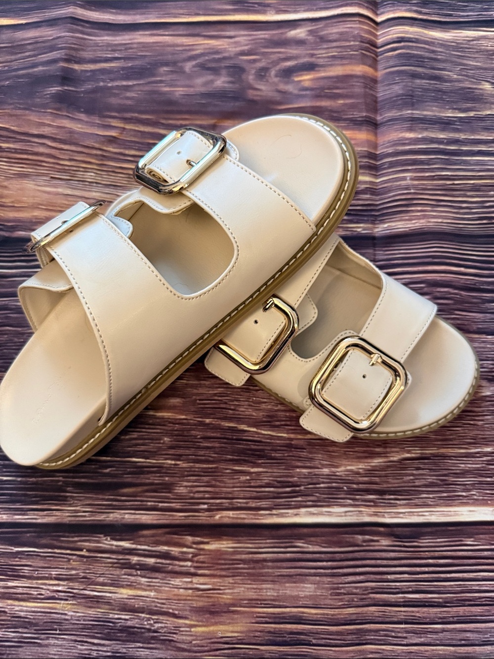 Cream Double-Buckle Slide Sandals
